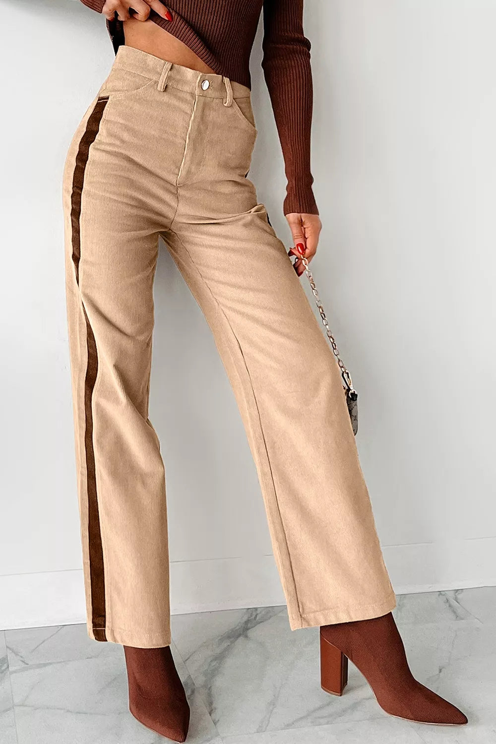 Corduroy Side Panel Colorblock Straight Leg Pants | women's fashion