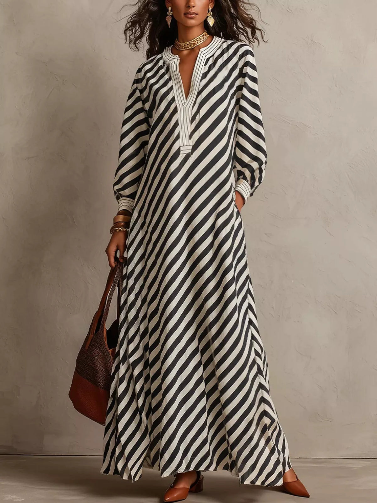 Striped Long Sleeves Maxi Dress | women's fashion