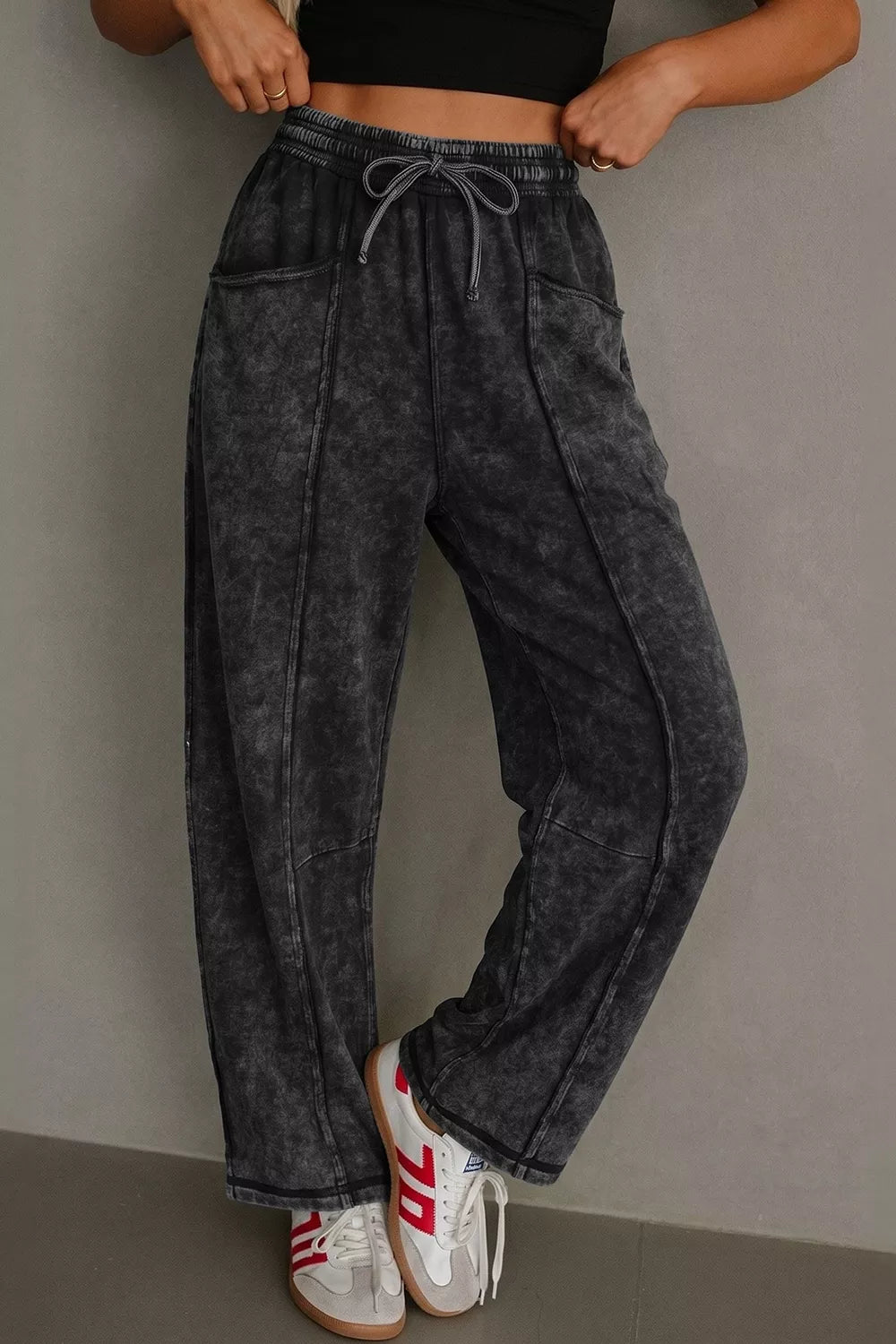 Mineral Wash Raw Seam Drawstring Elastic Waist Barrel Pants | women's fashion