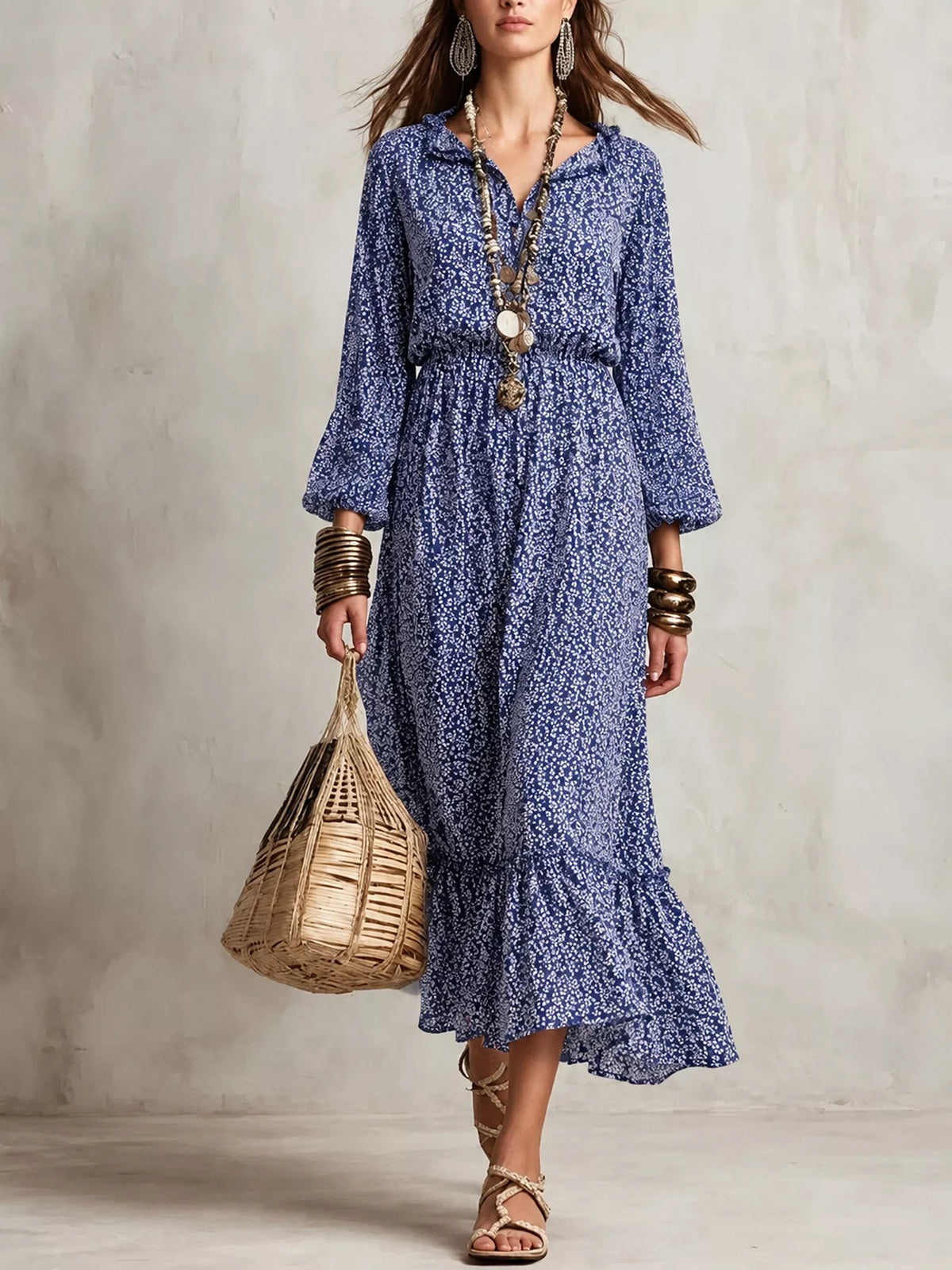 Floral Print Long-Sleeve Ruffle Hem Midi Dress | women's fashion