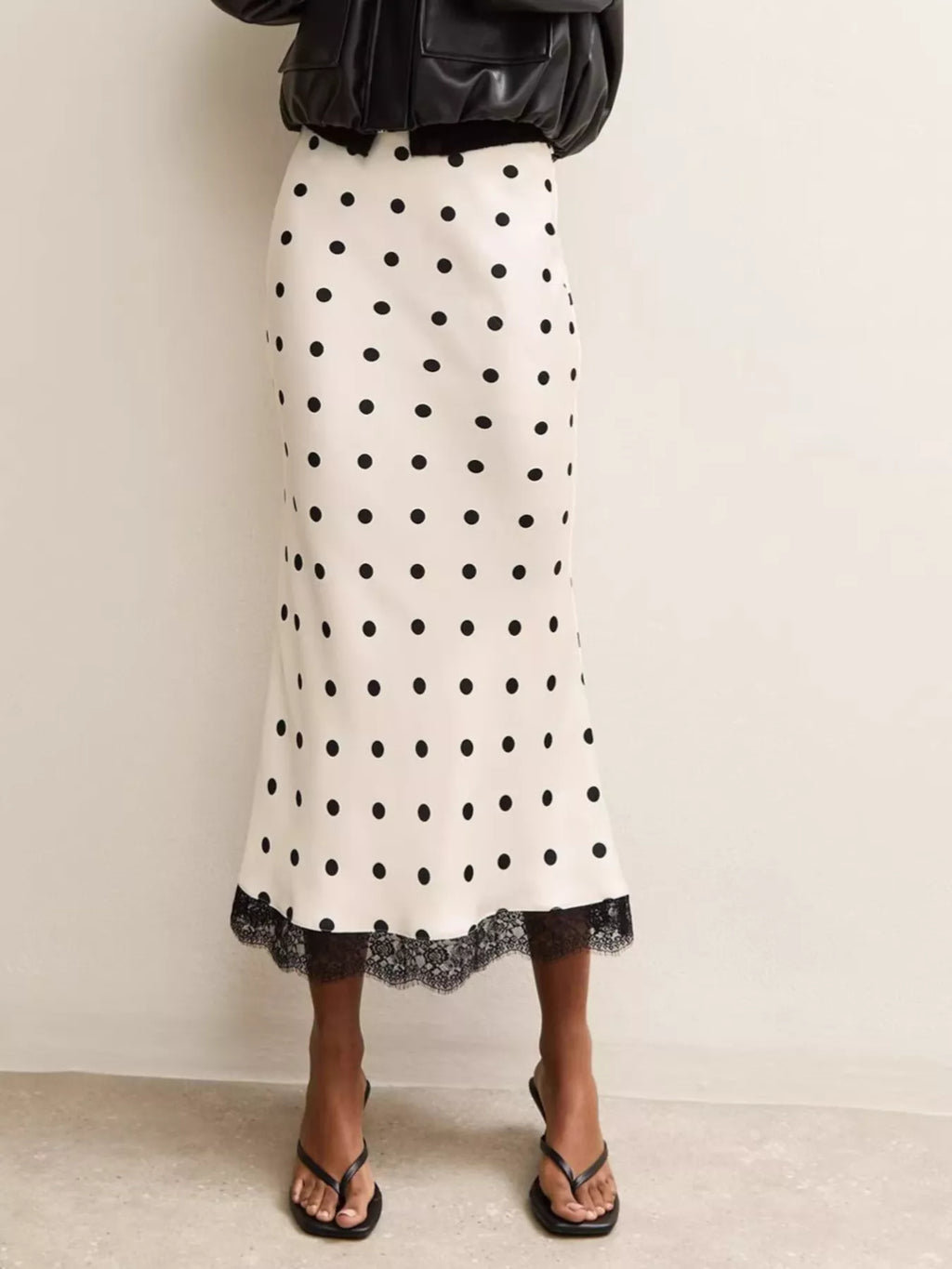 Polka Dot Midi Skirt with Lace Trim | women's fashion