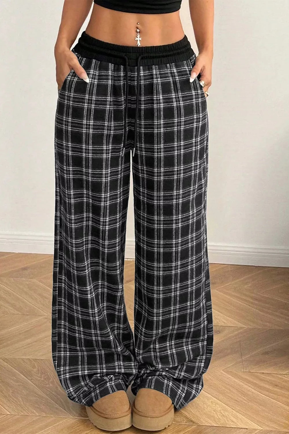 Plaid Wide-Leg Drawstring Pants | women's fashion