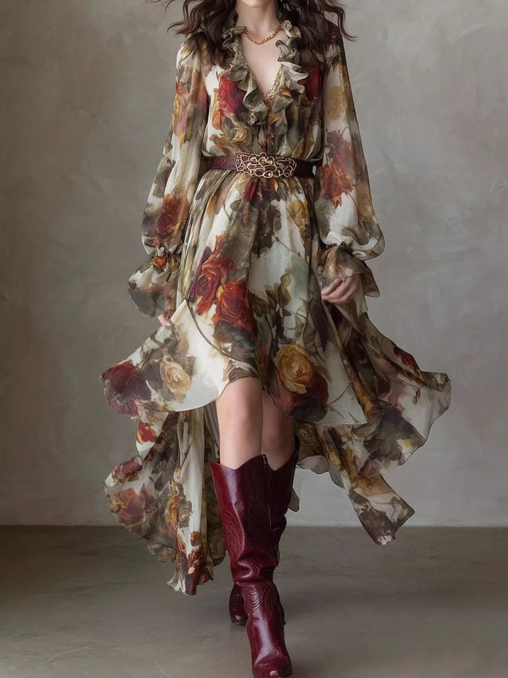 Floral Print Ruffle Trim High-Low Chiffon Maxi Dress | women's fashion