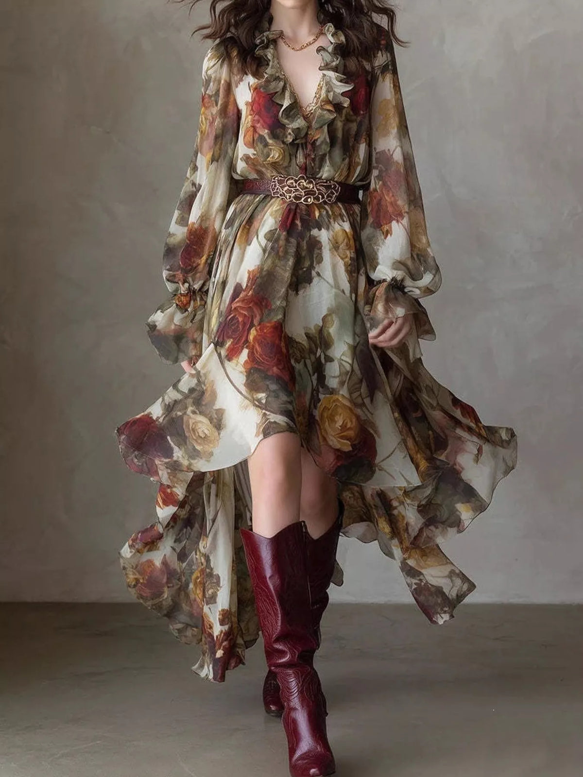 Floral Print Ruffle Trim High-Low Chiffon Maxi Dress | women's fashion