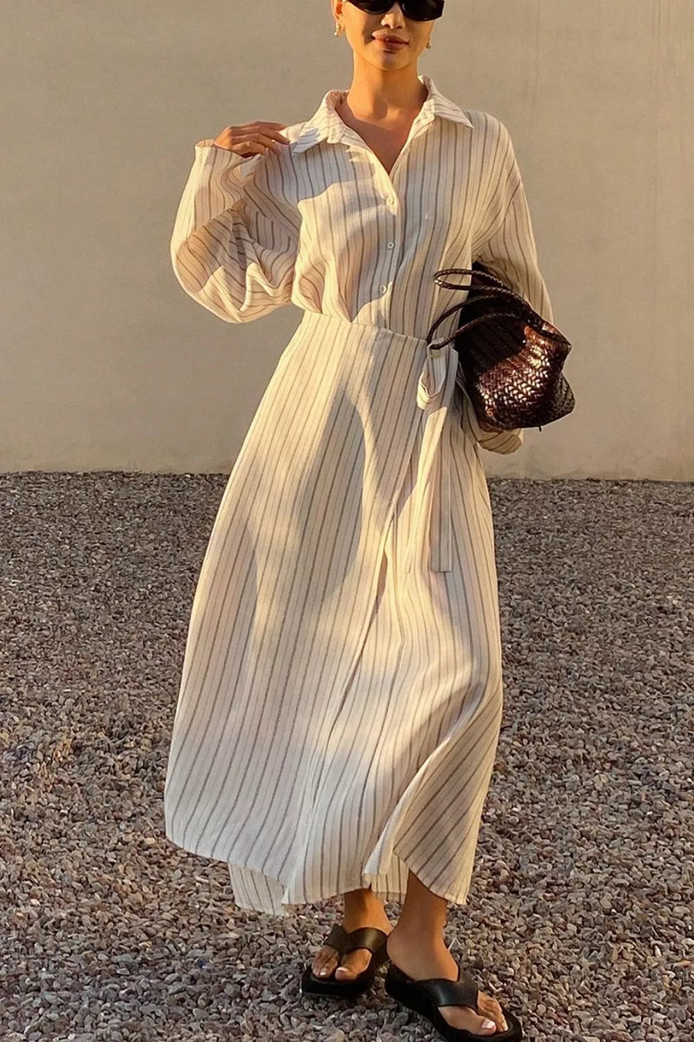 Striped Button-Down Shirt Dress with Waist Tie | women's fashion
