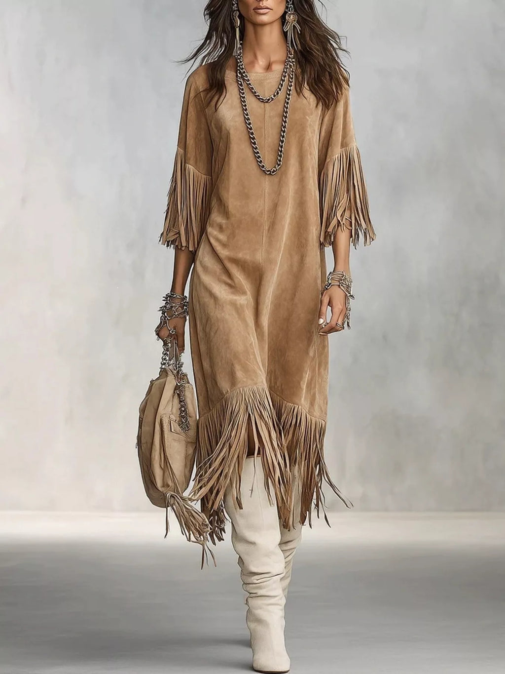 Fringed Round Neck Midi Dress | women's fashion