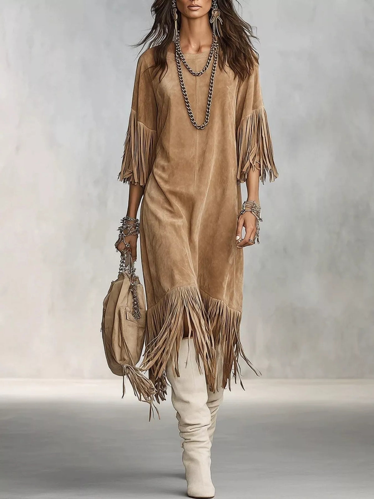 Fringed Round Neck Midi Dress | women's fashion