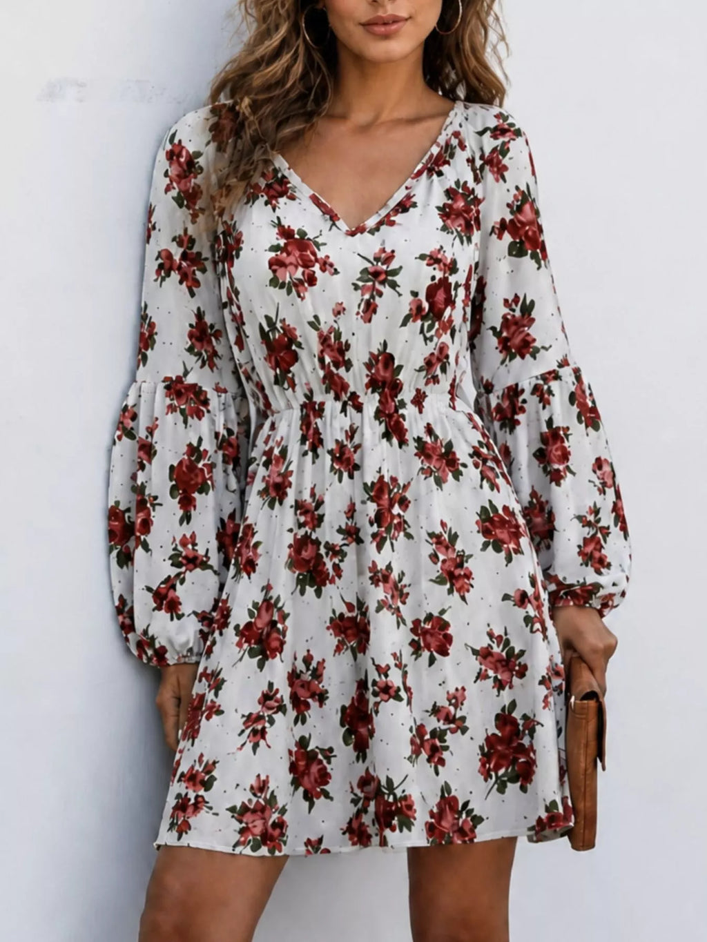 Floral Print V-Neck Long Sleeve Mini Dress | women's fashion