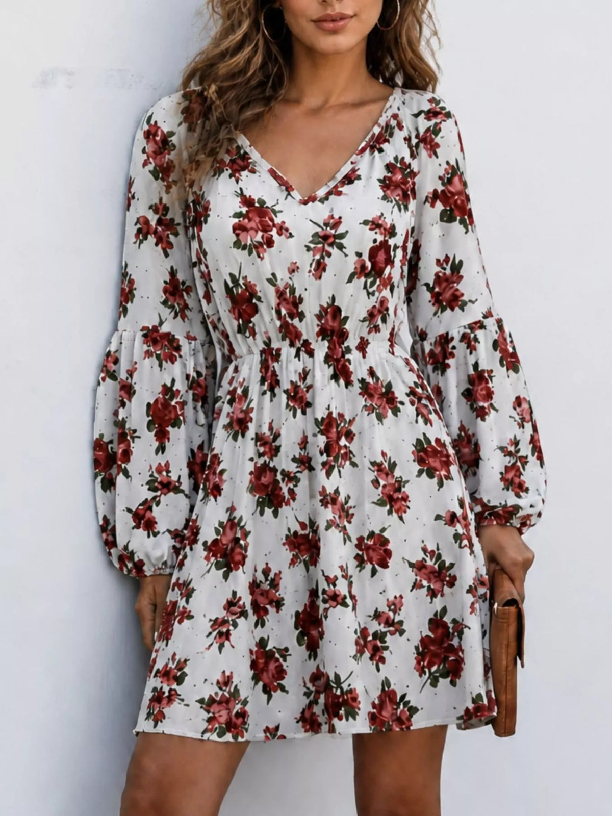 Floral Print V-Neck Long Sleeve Mini Dress | women's fashion
