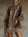 Leopard Sequin Mock Neck Fringe Hem Mini Dress | women's fashion