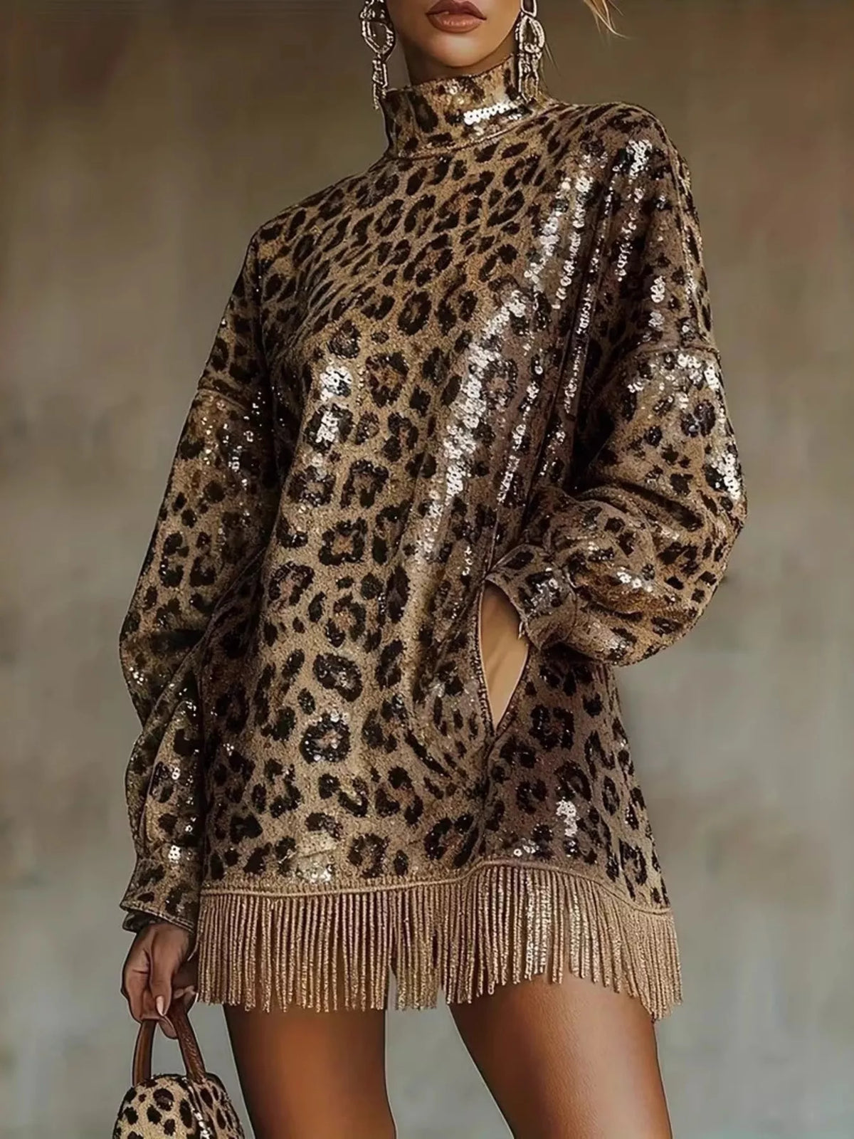 Leopard Sequin Mock Neck Fringe Hem Mini Dress | women's fashion