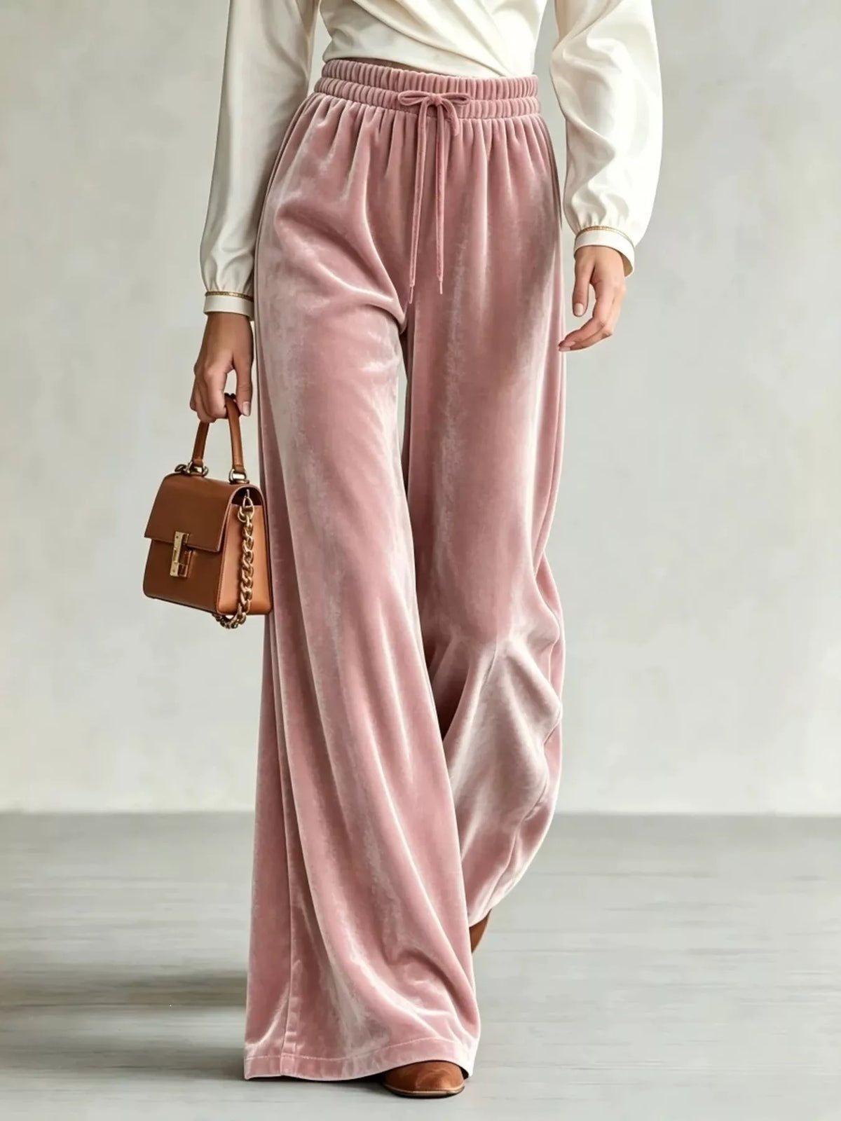 Velvet Wide-Leg Pants with Drawstring | women's fashion