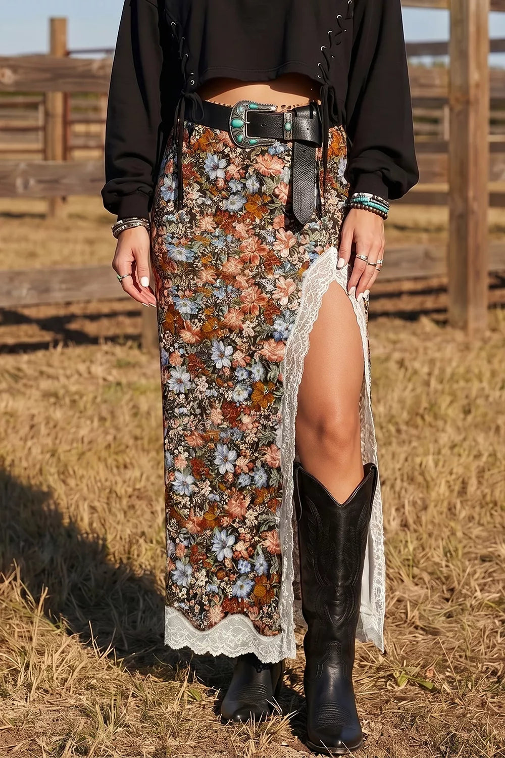 Multicolour Cheetah Print Trim Split Long Western Skirt | women's fashion