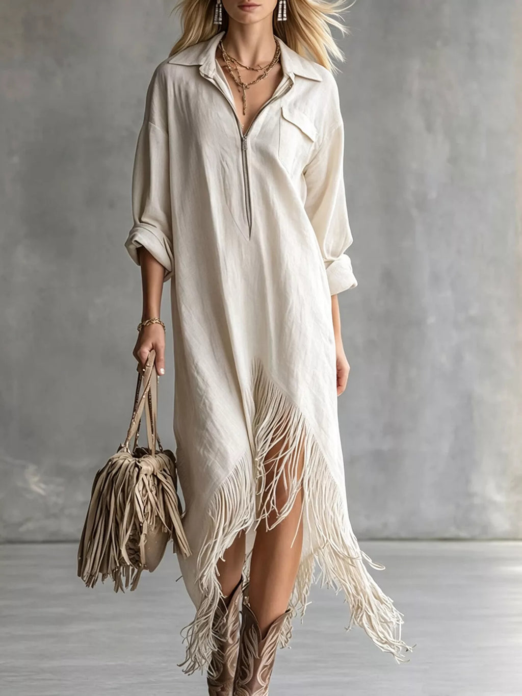 Zipper-Front Fringe Hem Midi Dress | women's fashion