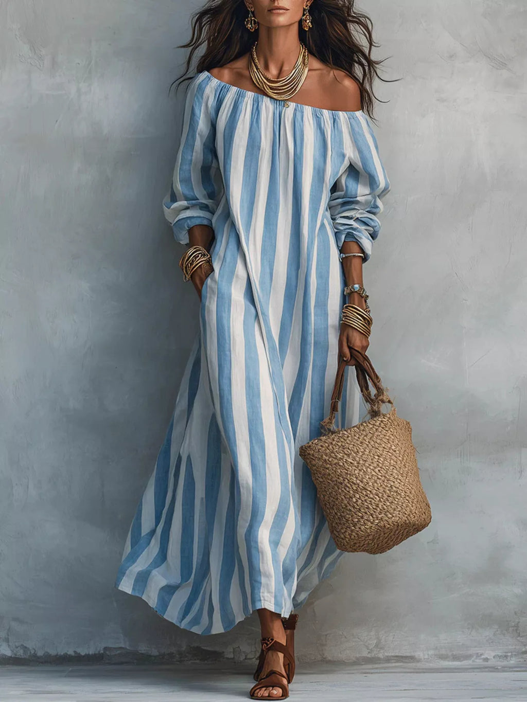 Off-Shoulder Striped Maxi Dress | women's fashion